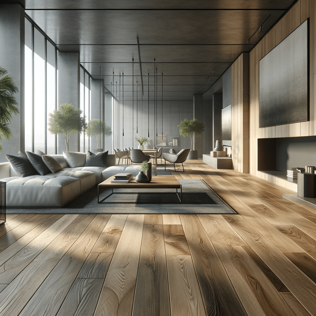 Sala moderna con piso de ingeniería | Maderas Outlet.