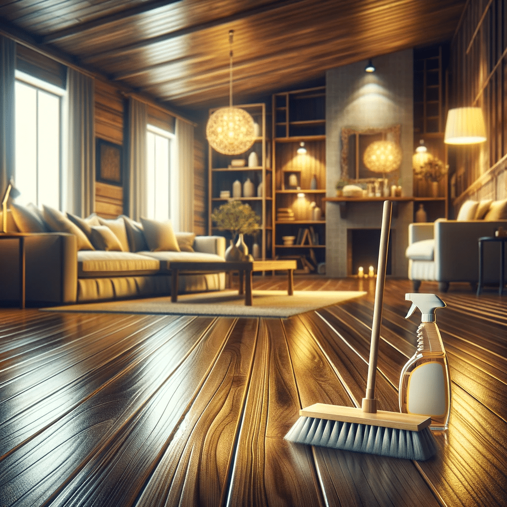 Sala acogedora con pisos de madera brillantes y productos de limpieza. | Maderas Outlet