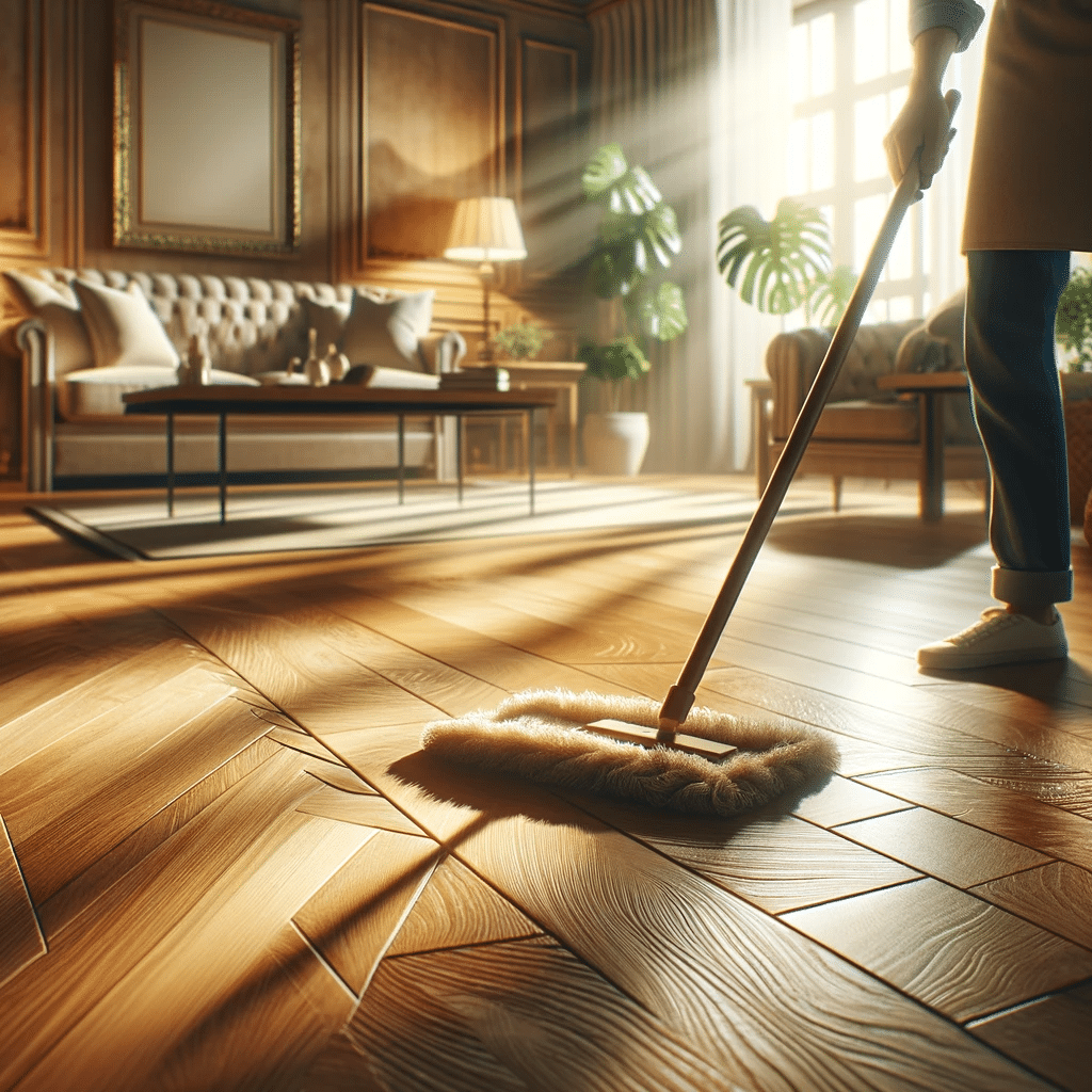 Cuidado de pisos de madera con mopa suave en interior elegante. Pisos sin líquidos u otros objetos. | Maderas Outlet