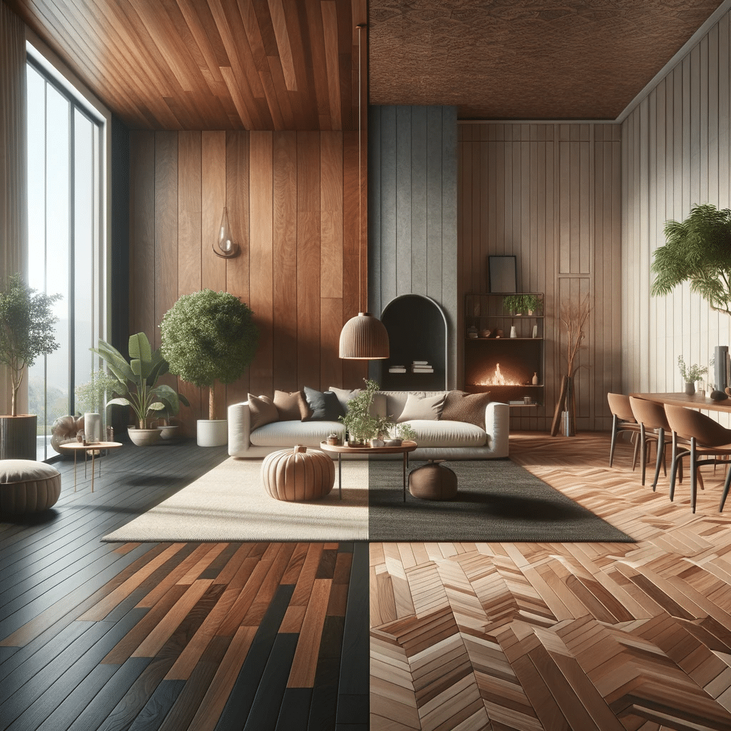 Alt text: Espacio dividido con pisos de nogal y cedro. Ingeniería de espacios acabado Material departamento piso de madera acabado lugar y madera de ingeniería | Maderas Outlet.