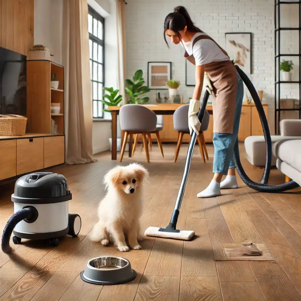 Persona limpiando piso con perro cerca en ambiente limpio | Maderas Outlet