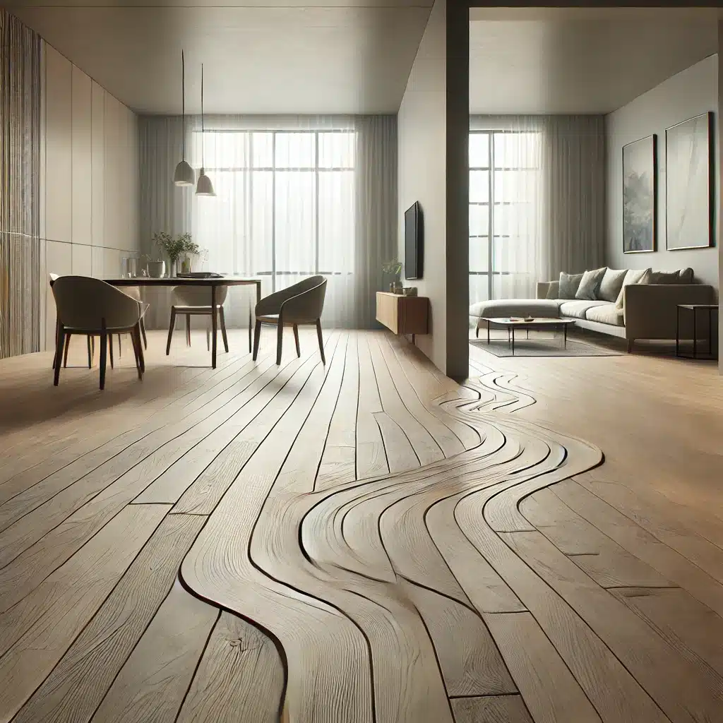 Sala y comedor conectados con piso de madera clara continua | Maderas Outlet