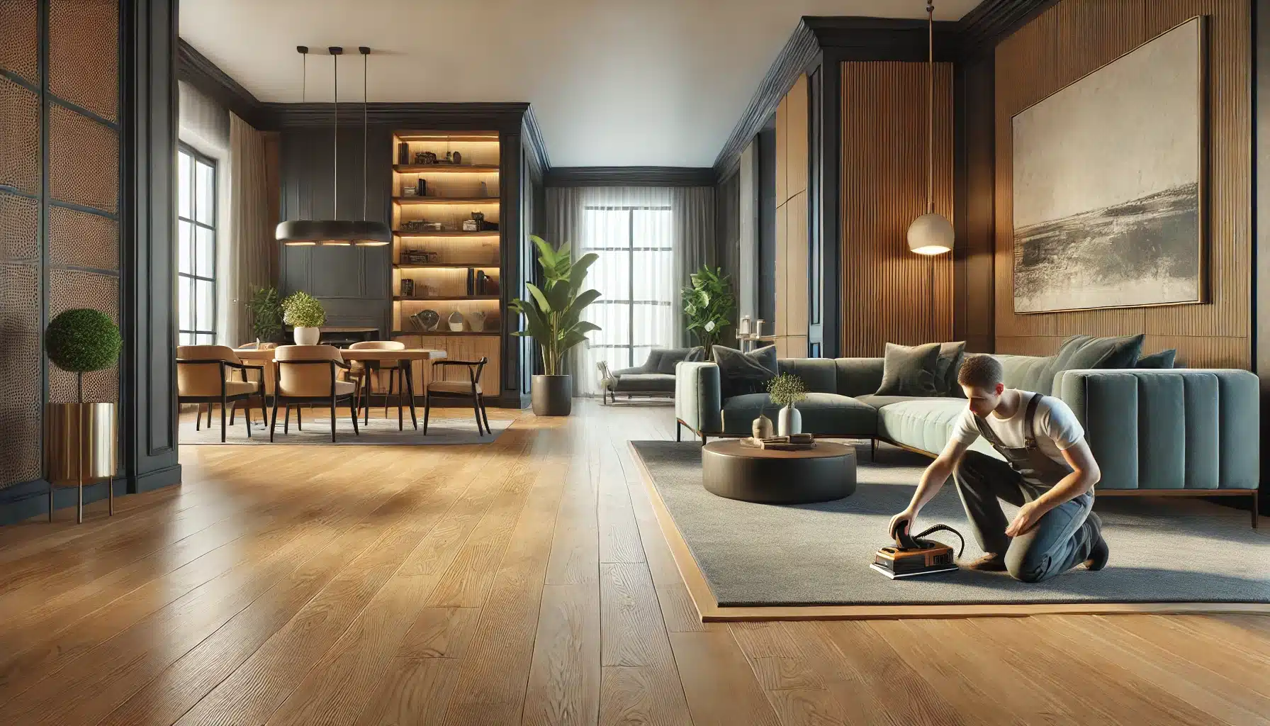 Sala moderna con suelos duraderos y fácil de reparar, bien iluminada. Producto de calidad con características en ciencia | Maderas Outlet