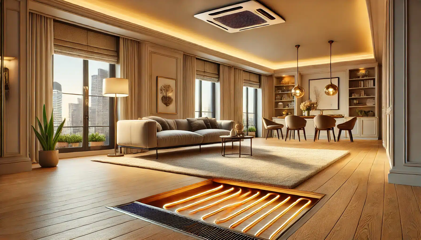 Sala moderna con calefacción radiante y suelo de madera, ambiente cálido y acogedor. Pisos de madera y calefacción por suelo radiante compatibilidad y ventajas | Maderas Outlet.