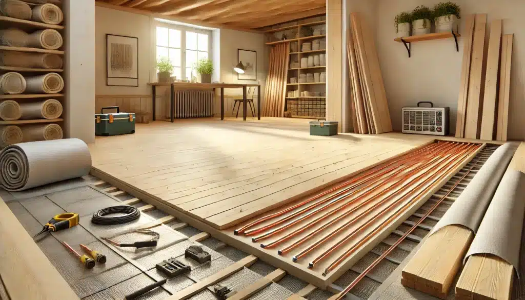 Proceso de instalación de suelo radiante con piso de madera en un interior moderno | Maderas Outlet.
