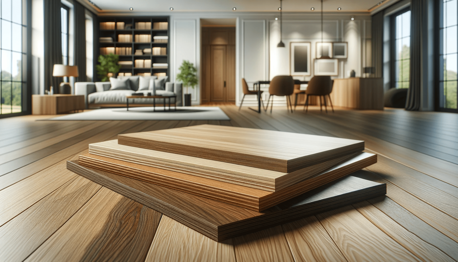 Muestras de maderas de roble y nogal en una mesa, con fondo de sala elegante. Construccción historia vivienda casas largo de la historia evolución ser humano siglo xix sistema viviendas edificios acero clase hormigón armado edad media materiales piedra  | Maderas Outlet.