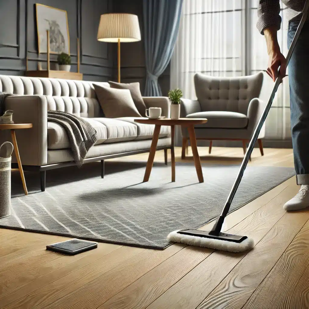 Persona limpiando pisos de madera con mopa de microfibra | Maderas Outlet