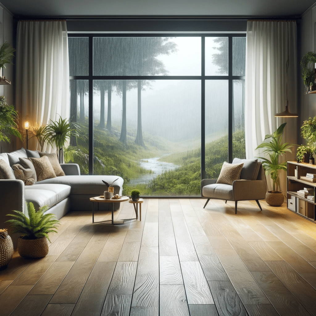 Salón acogedor con piso de ingeniería y lluvia afuera. | Maderas Outlet.