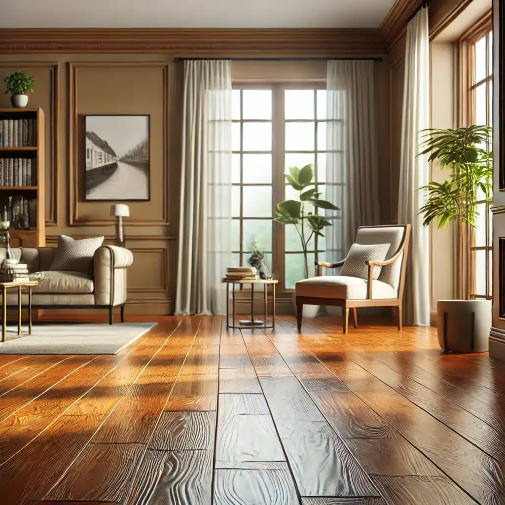 Sala con piso de madera cálido y plantas decorativas | Maderas Outlet