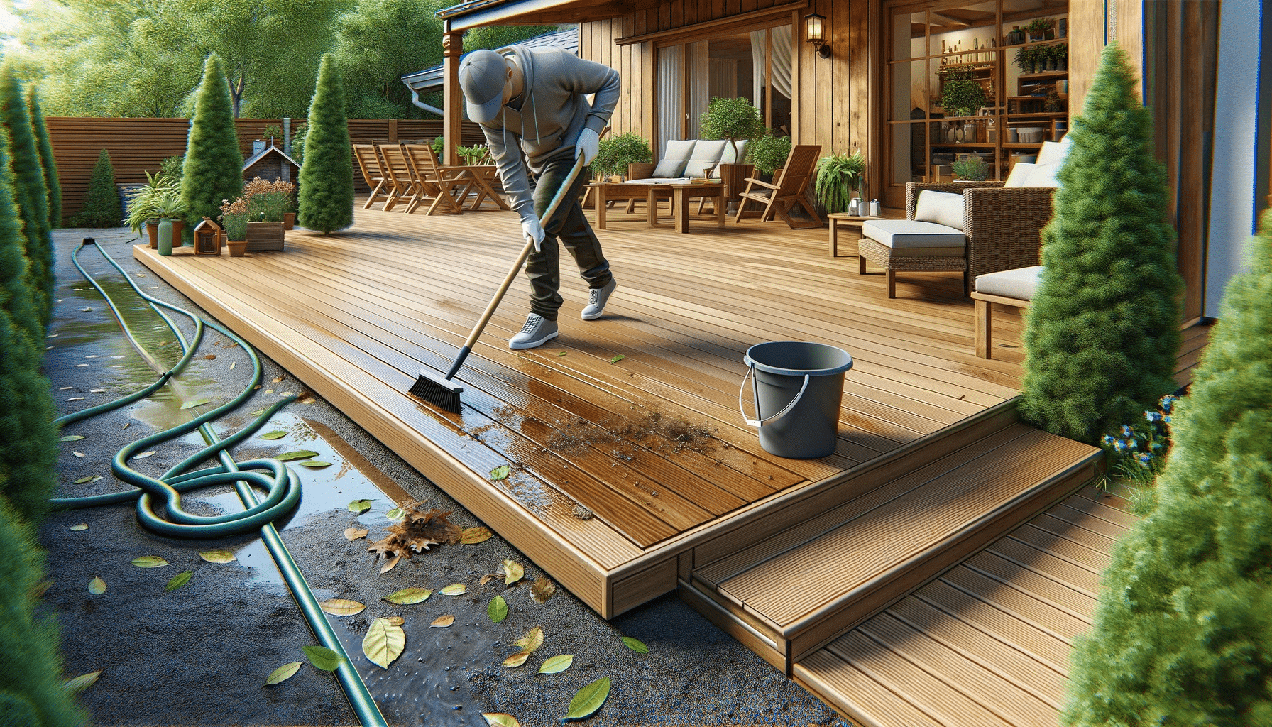 Persona barriendo hojas en un deck de madera bien mantenido en un día soleado. Decks material pisos wpc pvc vnetajas aire libre espacio al aire libre piso uno construcción espacios piscinas área exteriores sueños casa interior mantenimiento medio ambiente | Maderas Outlet