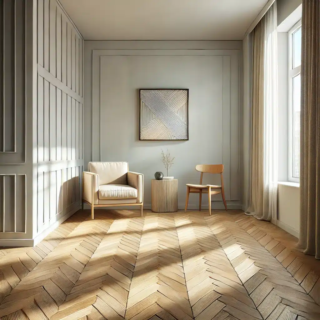 Habitación pequeña con piso de madera clara en diagonal | Maderas Outlet