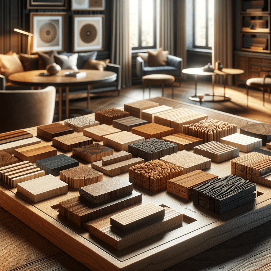Muestras de madera de roble y nogal en mesa elegante. | Maderas Outlet