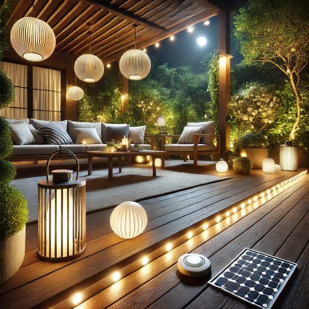 Deck nocturno con lámparas solares y luces LED recicladas | Maderas Outlet