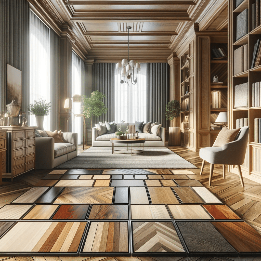 Alt text: Interior elegante con variedad de pisos de madera. Acabado Pisos de madera departamento instalación de acabado y construcción de casa | Maderas Outlet.