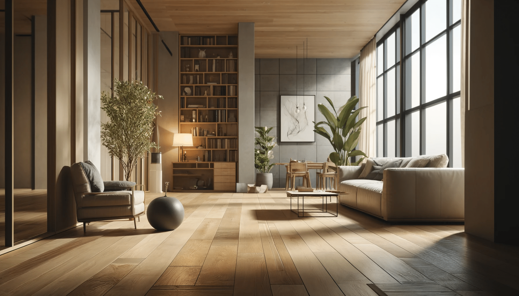 Sala de estar moderna con piso de madera certificada, muebles elegantes y plantas decorativas. | Maderas Outlet