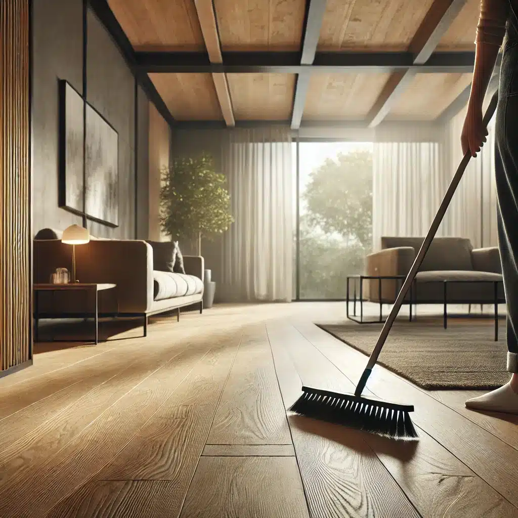 Persona barriendo suelo laminado en sala iluminada | Maderas Outlet
