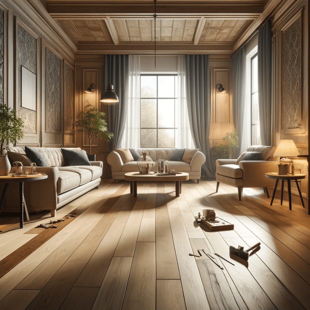 Salón acogedor con piso de madera de ingeniería instalado | Maderas Outlet.