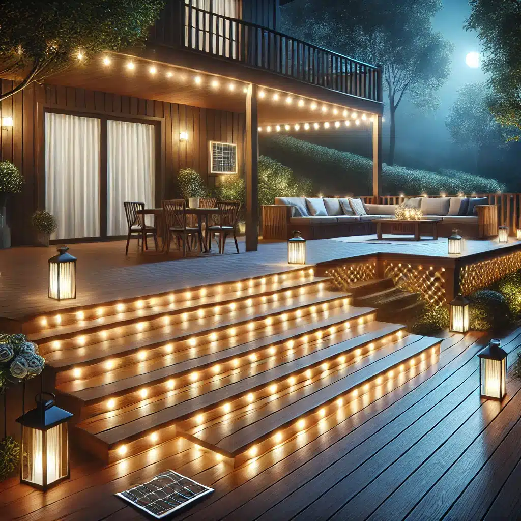 Deck de madera con luces LED y lámparas solares | Maderas Outlet