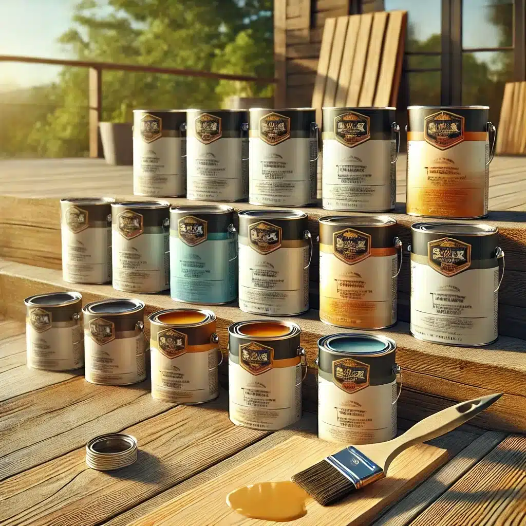 Latas de selladores sobre deck minimalista con luz natural | Maderas Outlet