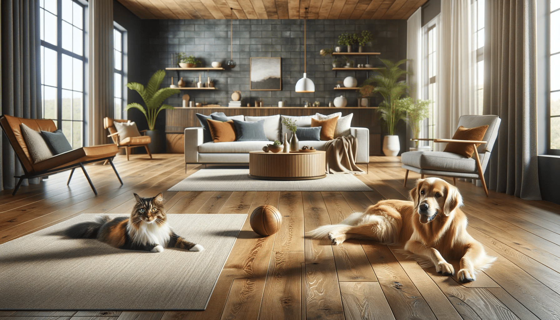 Sala armoniosa con suelo de ingeniería, perro y gato disfrutando del espacio. Áreas para perros sin desgaste y con espacios. | Maderas Outlet