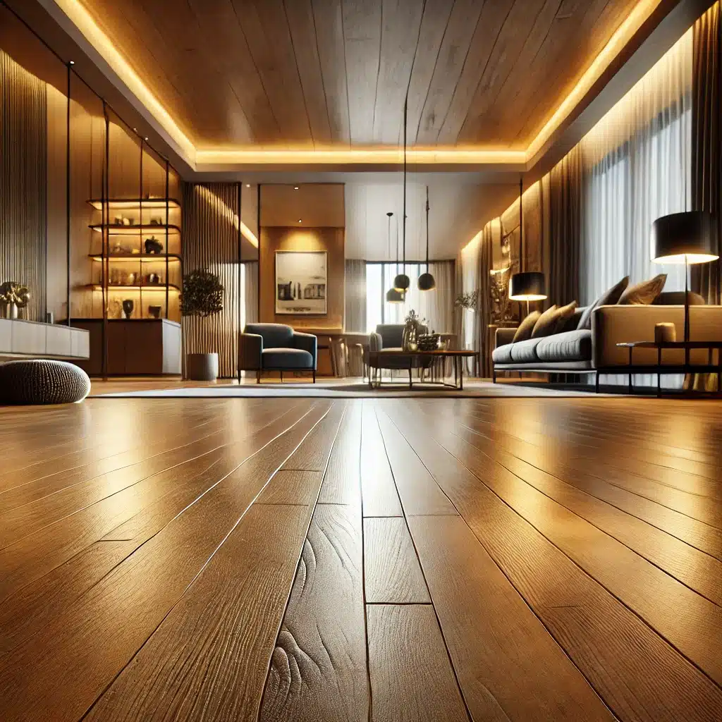 Piso de madera impecable con iluminación cálida y moderna | Maderas Outlet