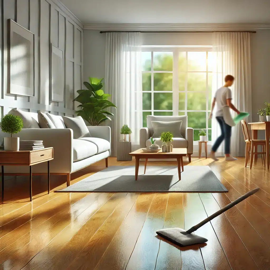 Persona limpiando piso de madera en sala iluminada | Maderas Outlet