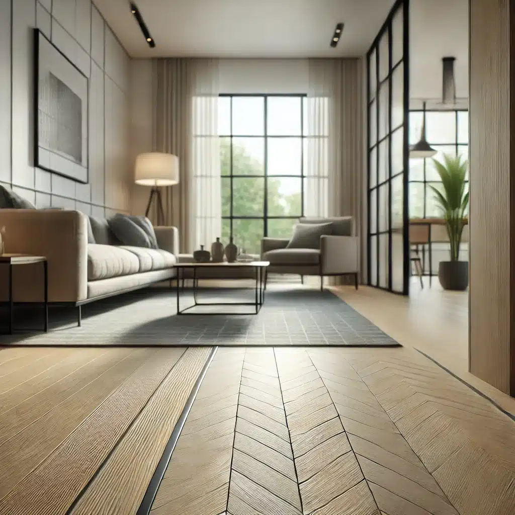 Sala pequeña con piso de madera clara en patrón diagonal | Maderas Outlet