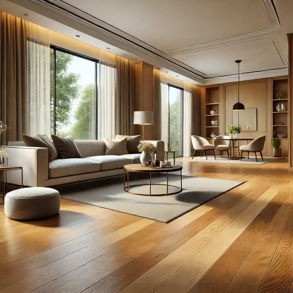 Sala moderna con piso de madera pulido y decoraciones elegantes | Maderas Outlet