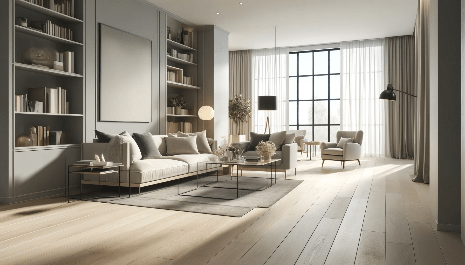 Sala moderna con pisos de maderas en tonos claros, decoración contemporánea y luz natural | Maderas Outlet.