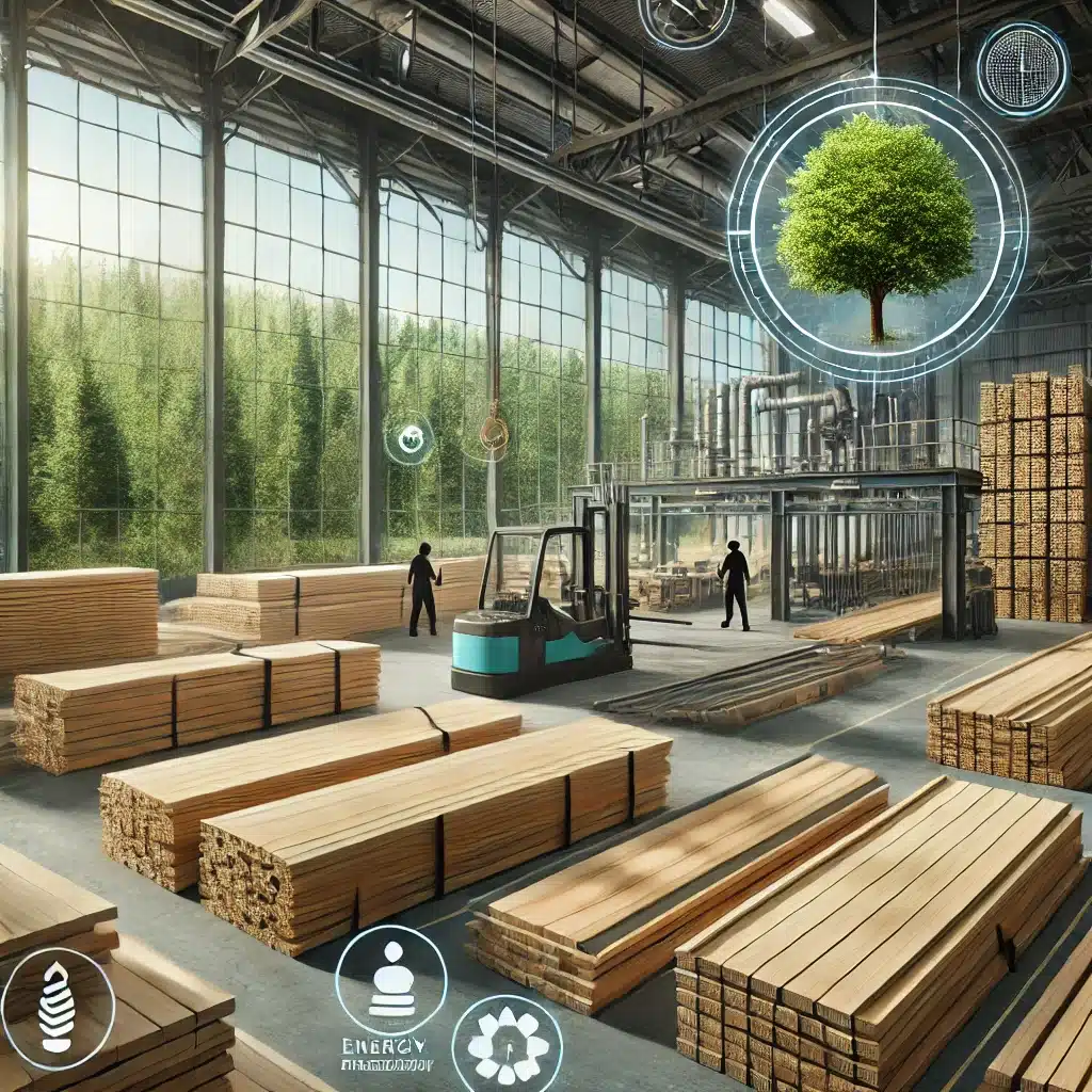 Taller de producción de pisos de madera con prácticas sostenibles y eco-amigables. Edificio con material y producto para espacio. | Maderas Outlet