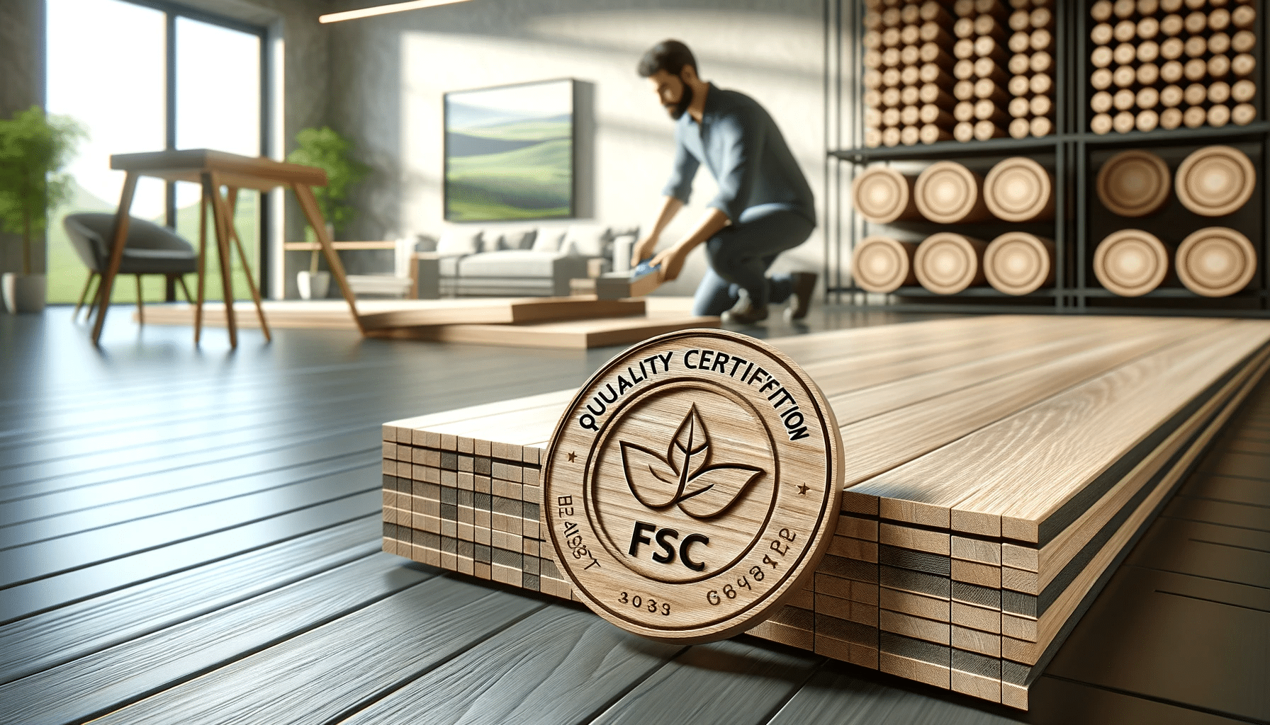 Primer plano de tablones de madera certificados FSC y PEFC con pruebas de calidad en fondo | Maderas Outlet