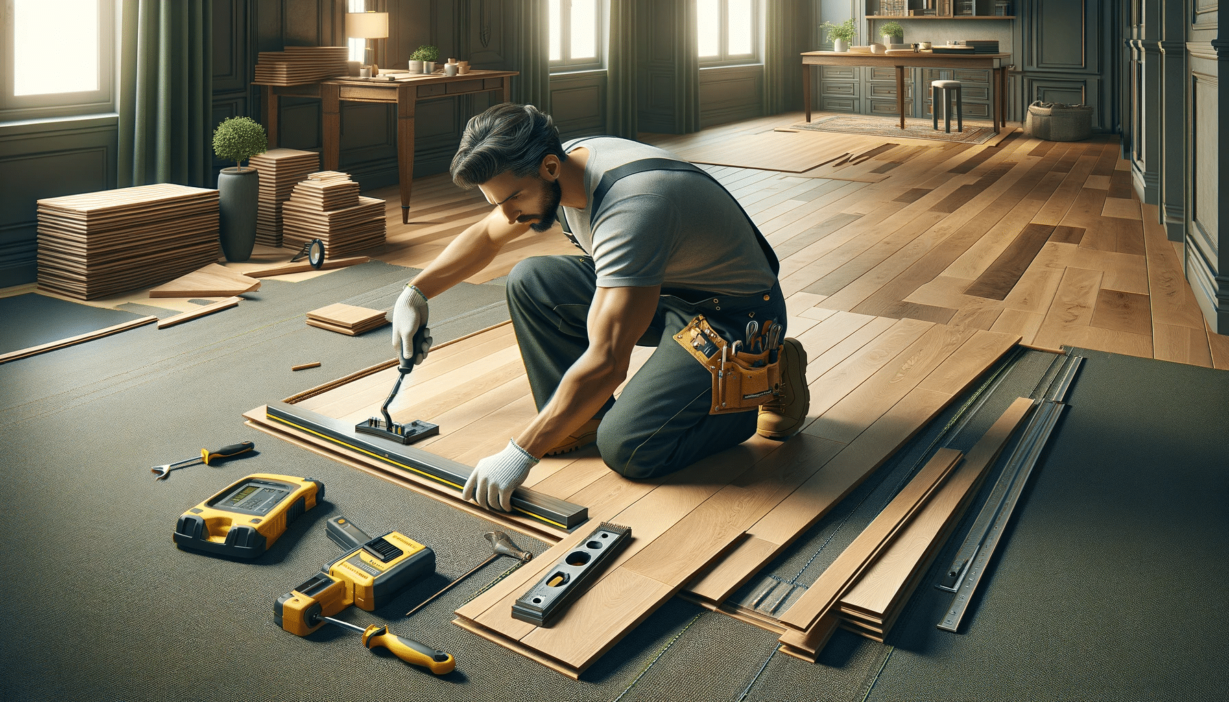 Instalador profesional nivelando y limpiando el piso antes de colocar maderas | Maderas Outlet.