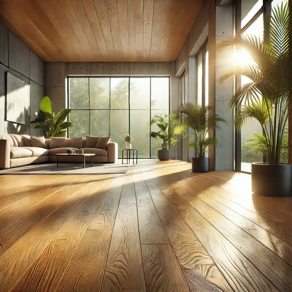 Sala moderna con piso de madera cálido y ventanas amplias | Maderas Outlet