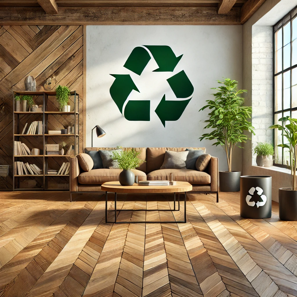 Sala de estar acogedora con piso de madera, luz natural y símbolos de reciclaje. Pisos de ingeniería con calidad del aire interior | Maderas Outlet