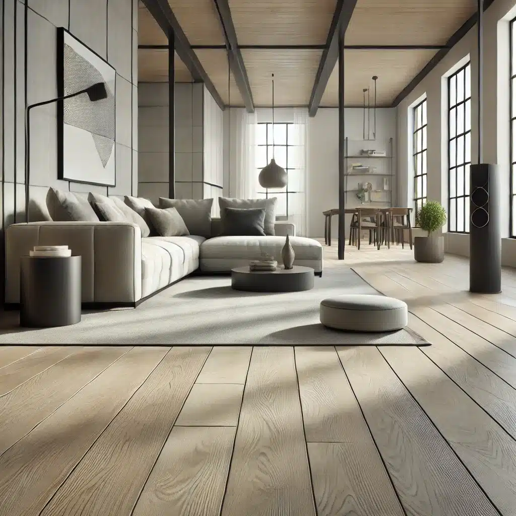 Sala moderna con pisos mate y diseño minimalista | Maderas Outlet