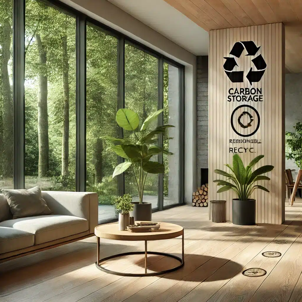 Sala moderna con piso de madera, plantas y símbolos de sostenibilidad. Producto de piso de medioambiente en espcio de variedad | Maderas Outlet