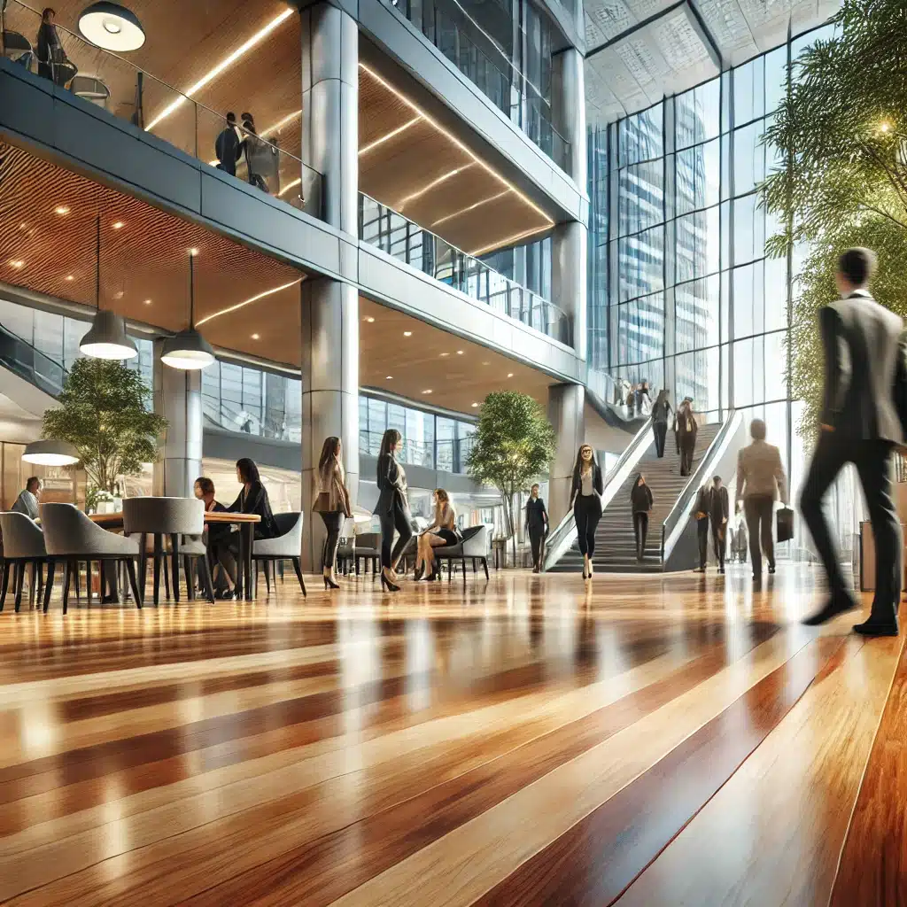 Área comercial moderna con piso de madera cálido | Maderas Outlet