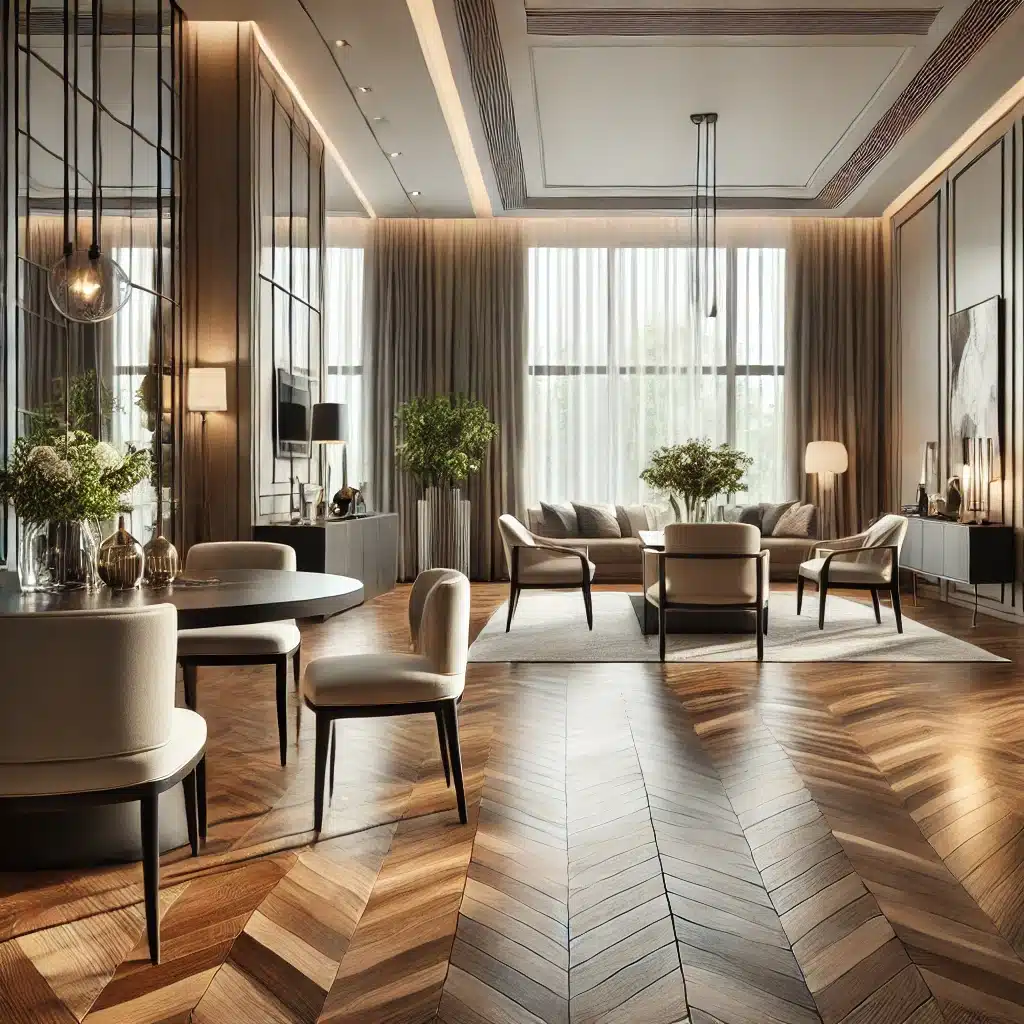 Interior elegante con piso de madera y mobiliario clásico | Maderas Outlet