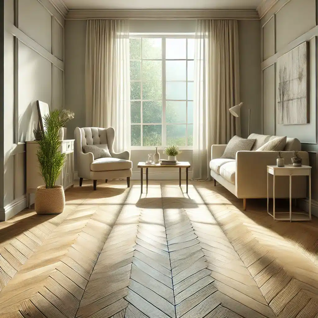 Sala pequeña con piso de madera clara en patrón chevron | Maderas Outlet