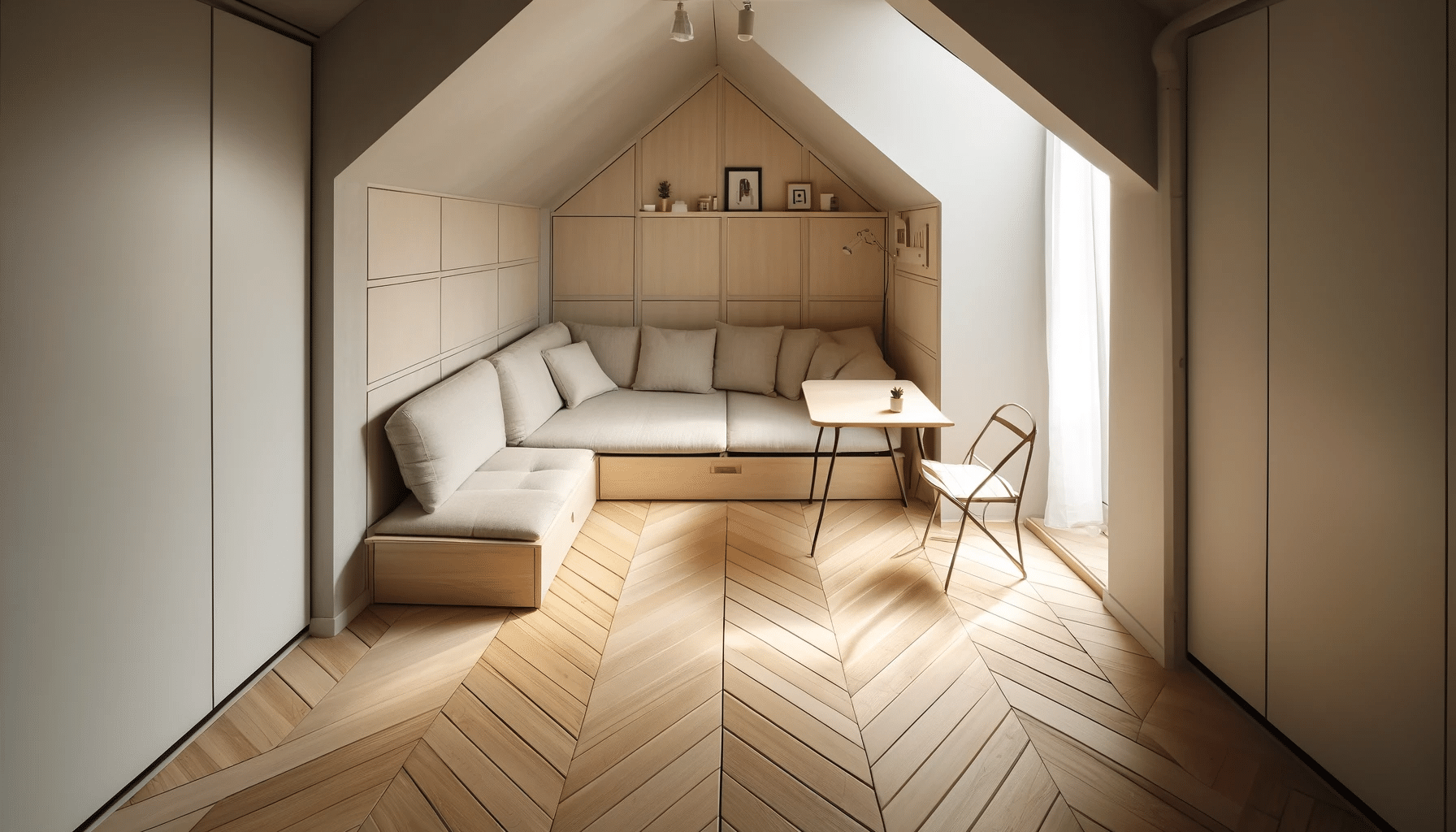 Habitación pequeña con piso de madera clara en patrón diagonal y muebles minimalistas. Estancia de casa en dormitorio o banco. | Maderas Outlet
