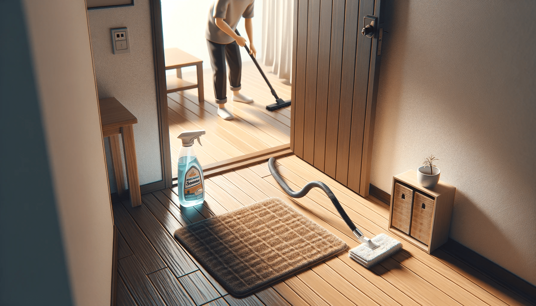Limpieza de piso de madera en habitación pequeña con muebles funcionales | Maderas Outlet