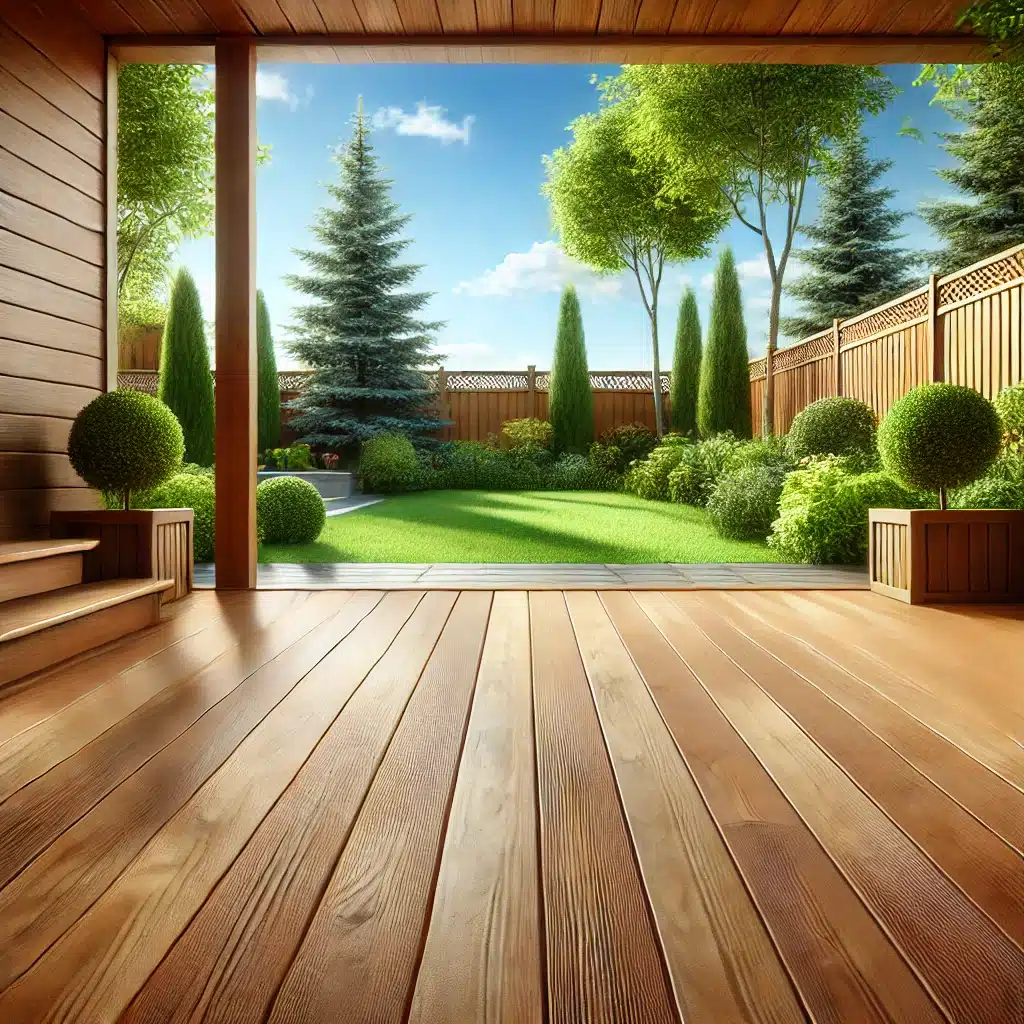 Deck de madera protegido y brillante en jardÃn soleado | Maderas Outlet