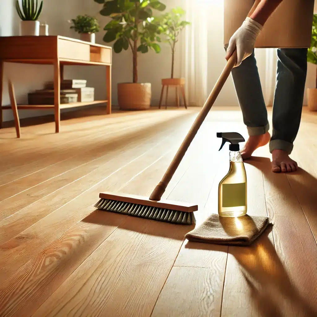 Persona limpiando piso de madera con productos ecológicos | Maderas Outlet