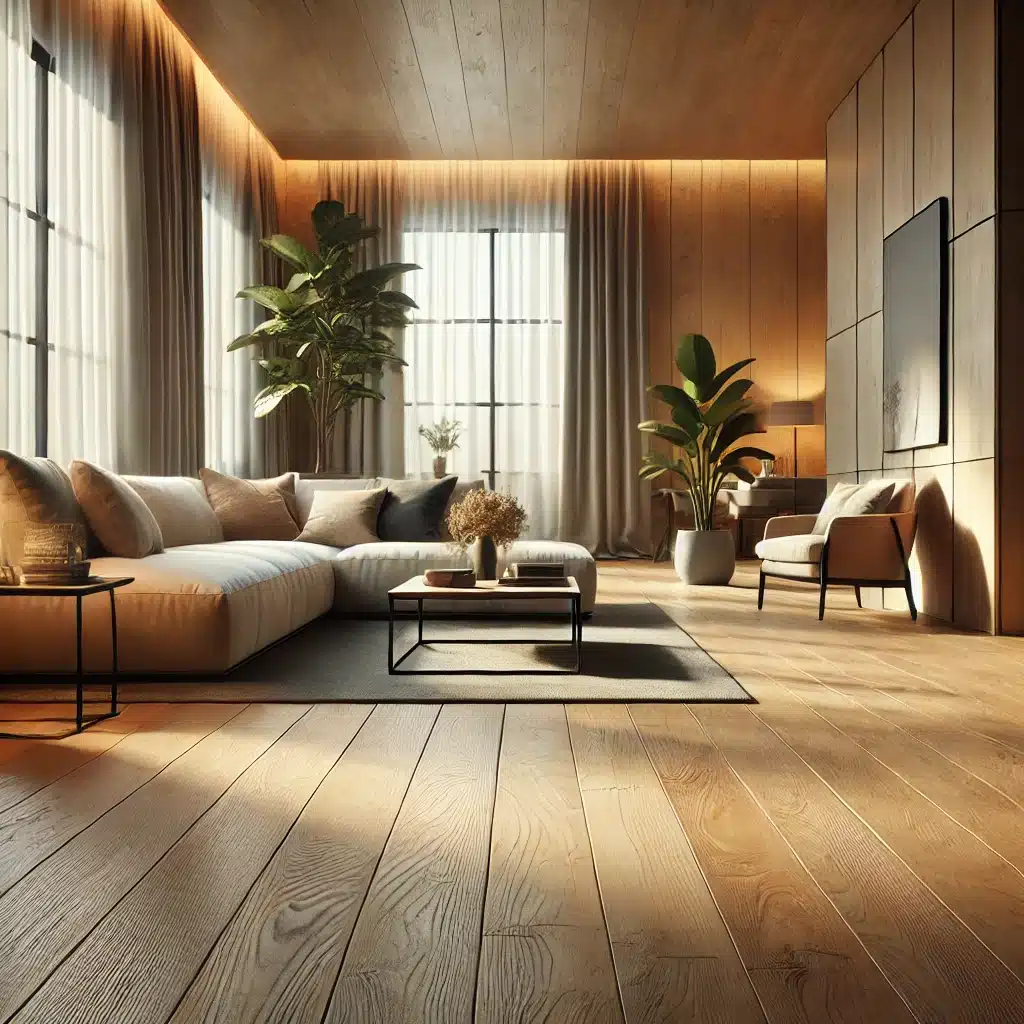 Piso de ingeniería en sala moderna con decoración elegante | Maderas Outlet