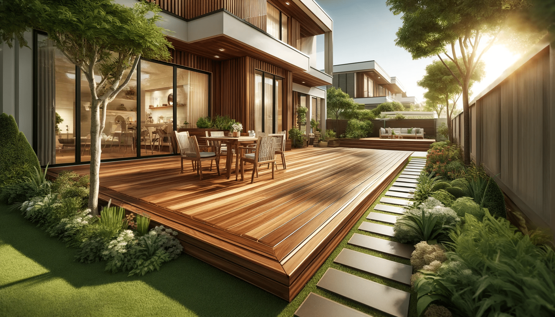 Deck de madera de alta calidad con muebles y jardín bien cuidado en un día soleado. cómo elegir el mejor deck de madera para tu jardín | Maderas Outlet