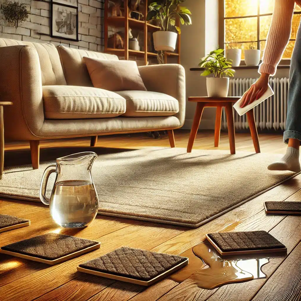 Sala con suelos de madera, felpudos, y limpieza rápida de derrames. Aspectos en piso por las patas de los muebles o pasos de mascota | Maderas Outlet