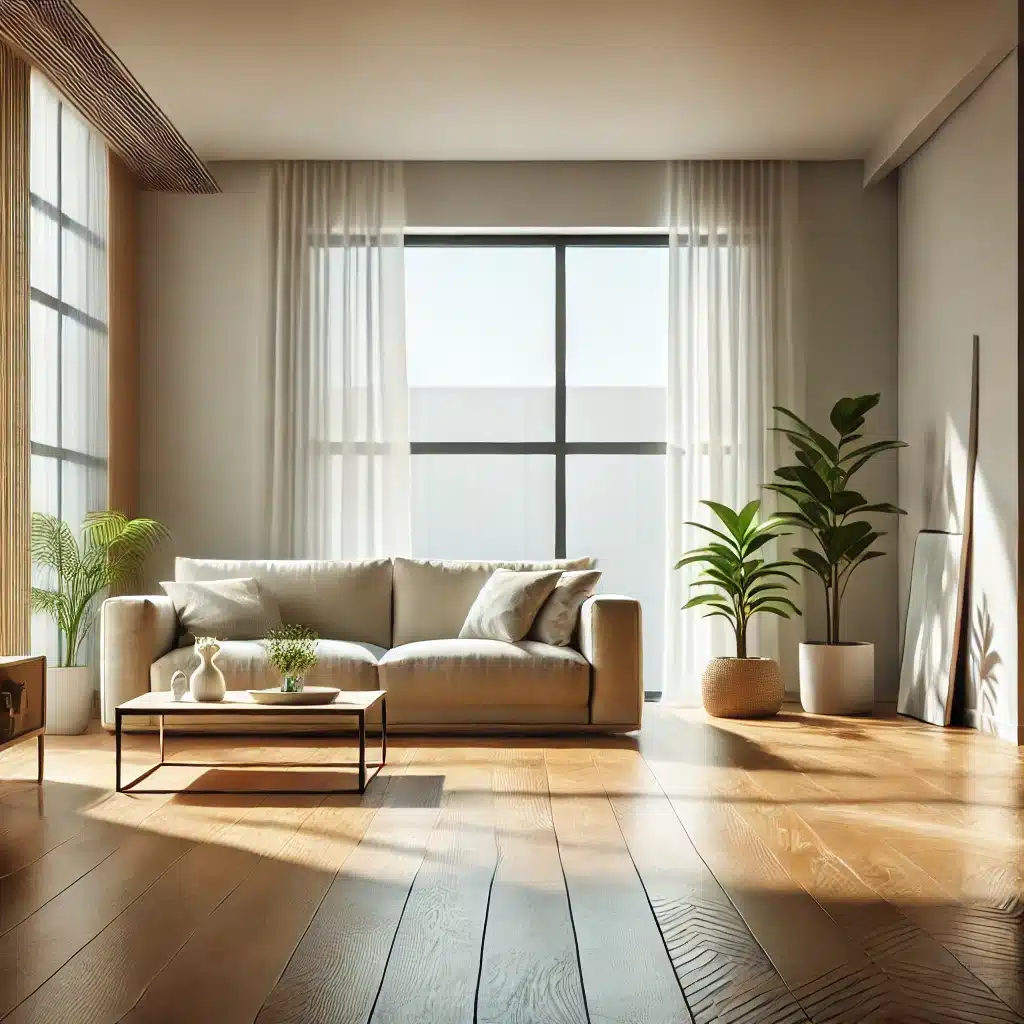 Sala moderna con piso de madera y plantas naturales | Maderas Outlet