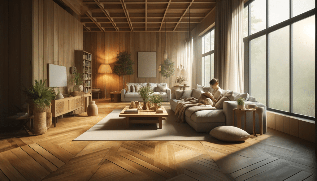 Sala serena con suelo, persona leyendo en el sofá en un ambiente tranquilo. Capacidad de elemento de estudio de presión arterial | Maderas Outlet