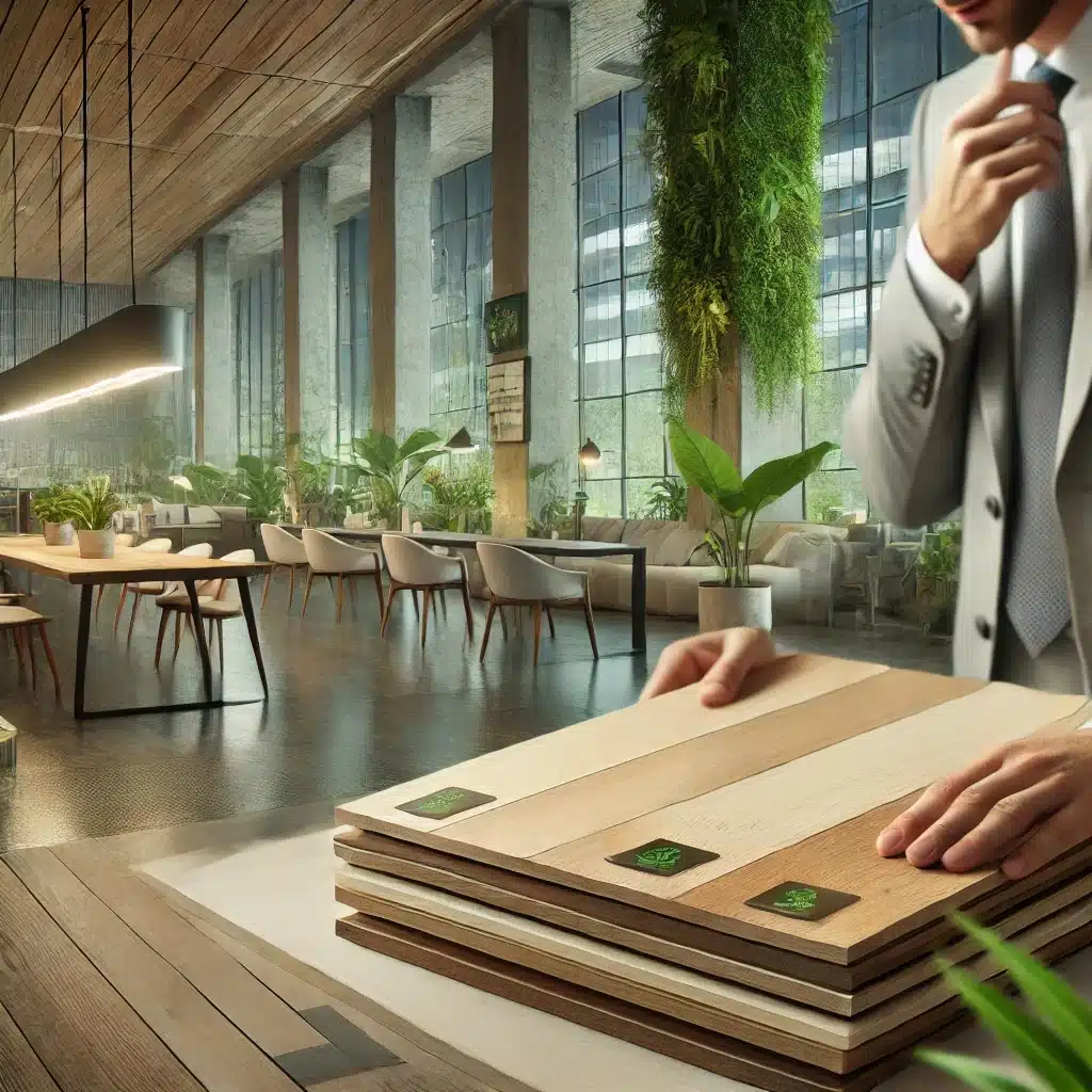 Profesional revisando pisos sostenibles en oficina ecológica | Maderas Outlet