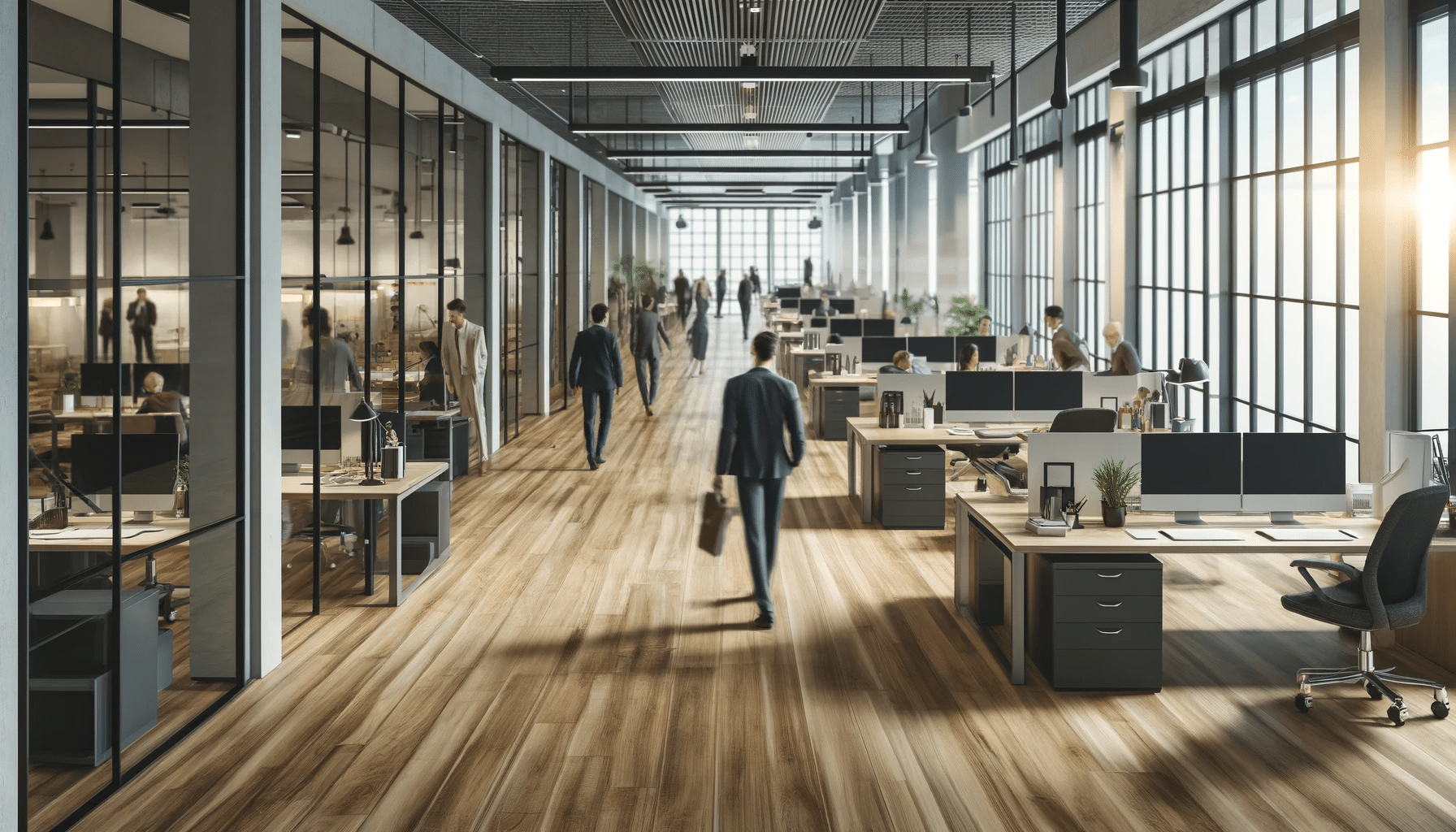 Oficina de alto tráfico con suelo de madera de ingeniería, personas y muebles modernos. Calidad de vida en edificio, elemento para equipos. | Maderas Outlet